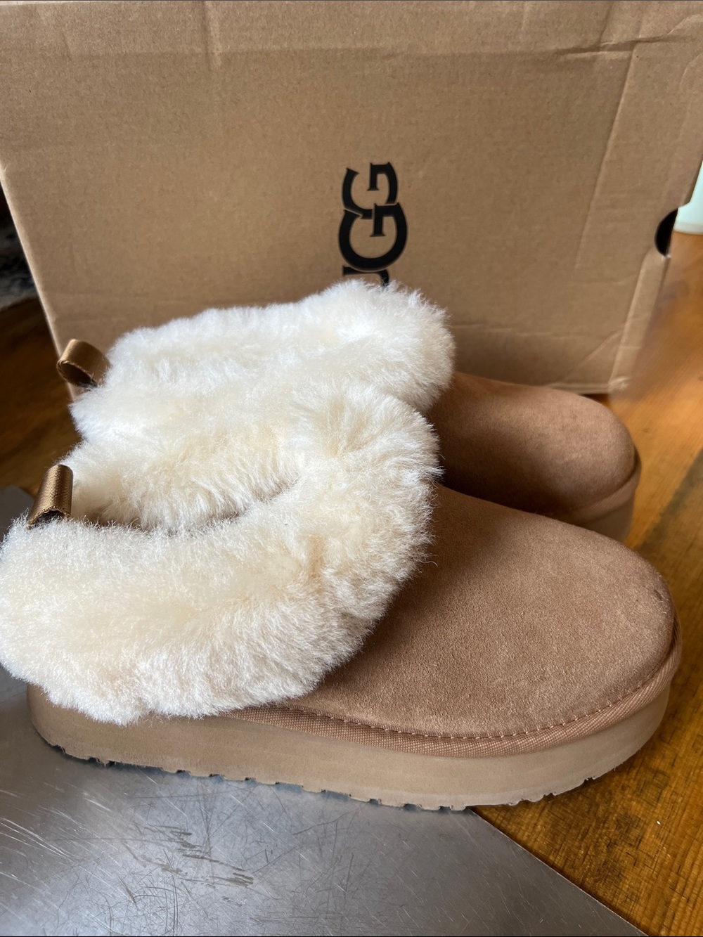UGG Chestnut Suede Shearling Cuff Slip-On Mules